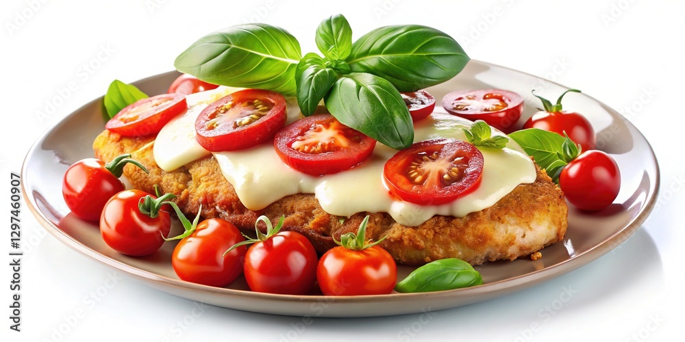 Homemade Caprese Chicken Parmesan with Tomato Mozzarella and Basil on a Plate