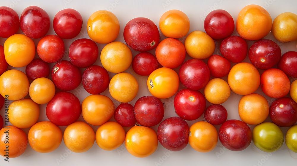 A variety of colorful tomatoes arranged neatly on a white background, showcasing shades of red, yellow, and orange A variety of colorful tomatoes arranged neatly on a white background, showcasing shades of red, yellow, and orange