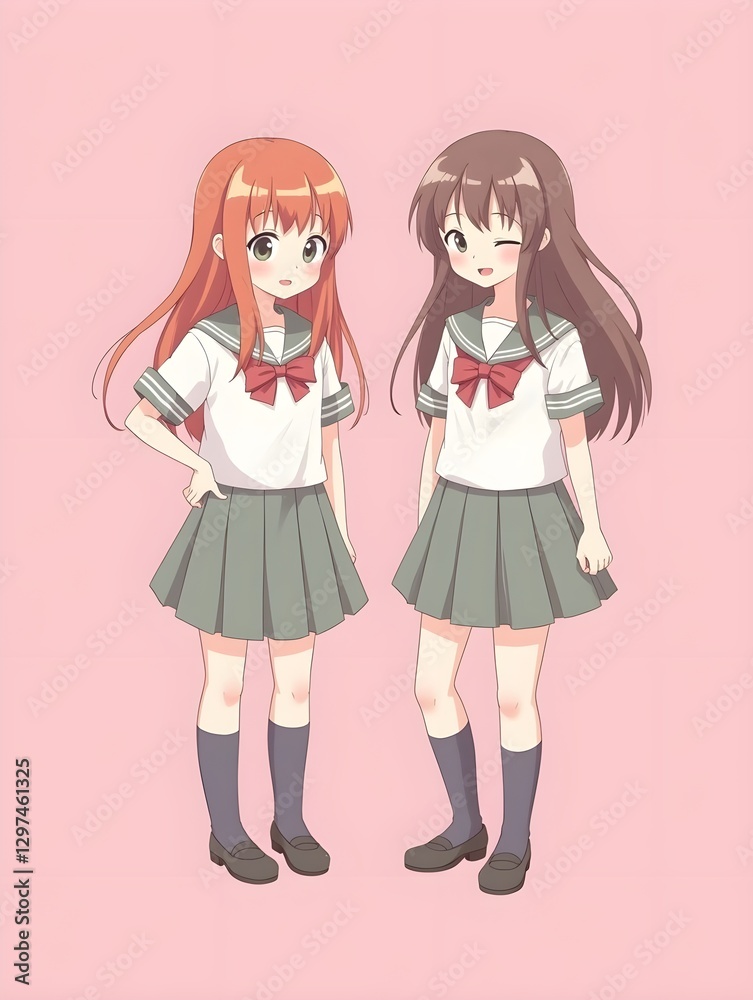 Two little girls dressed in school uniform, blank pink background Two little girls dressed in school uniform, blank pink background