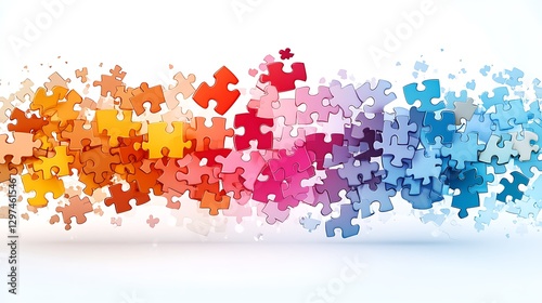 A whimsical portrait of a puzzle thought bubble above a cartoon economist’s head, each puzzle piece signifying an aspect of finance, merging into an upward arrow. The subject sits on a white 