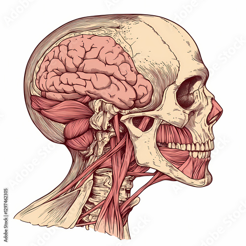 Anatomical illustration of human skull with detailed muscles and brain
