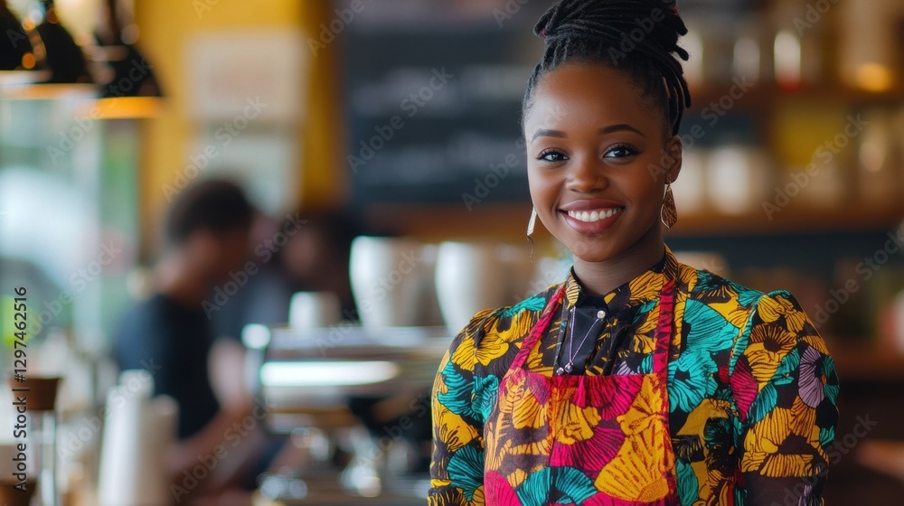 Fototapeta premium A young Black woman smiles brightly at a cafe, embodying joy and confidence. Her colorful outfit and welcoming demeanor create a vibrant atmosphere in a modern coffee setting.