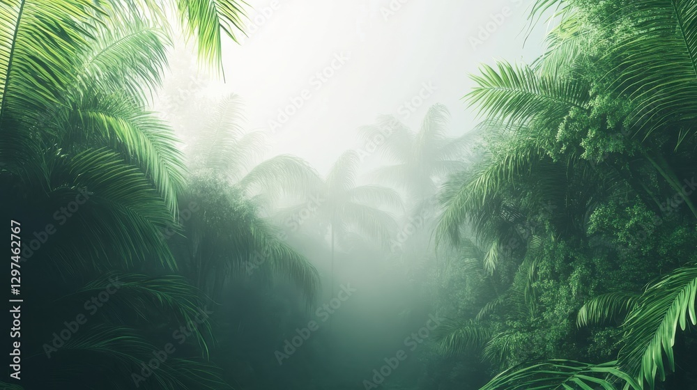 Lush Green Jungle in Misty Atmosphere with Tropical Palm Trees and Dense Foliage for Nature and Background Use Lush Green Jungle in Misty Atmosphere with Tropical Palm Trees and Dense Foliage for Nature and Background Use
