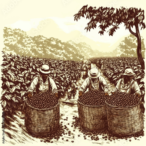 Vintage Vector Illustration of Coffee Farm Workers Harvesting Beans in Plantation Field with Baskets, Trees, and Mountainous Landscape Background
