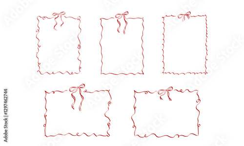 Girly Ribbon Bow frames of hand drawn line art style. Coquette cute birthday borders for Valentine day cards, menu and Wedding invitations templates. Set of Doodle vector illustration
