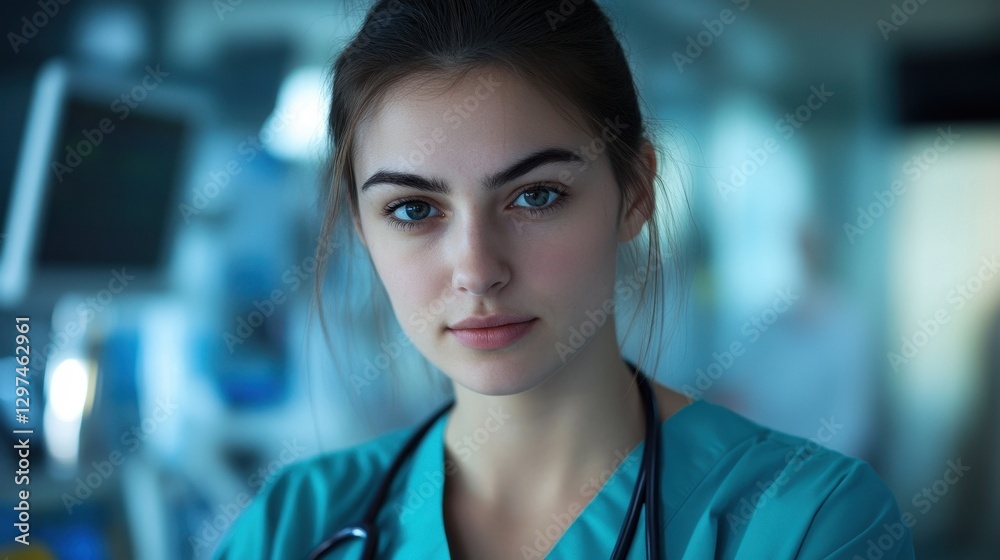 A poised young nurse in professional attire showcases confidence and calmness. Her expression reflects dedication to patient care and healthcare professionalism. A poised young nurse in professional attire showcases confidence and calmness. Her expression reflects dedication to patient care and healthcare professionalism.