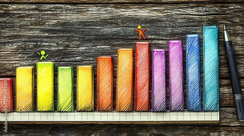 An open notebook displaying sketched columns of a bar chart rising gradually, with a small figure literally jumping from one column to the next. The bright lines pop off the white background, 