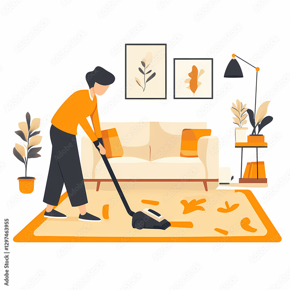 person vacuuming carpet in cozy living room with plants and art