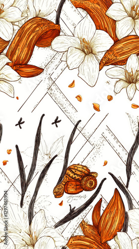 Elegant Botanical Seamless Pattern Vector with Vanilla Beans, White Flowers, Orange Petals, and Intricate Texture for Stylish Textile and Decorative Design