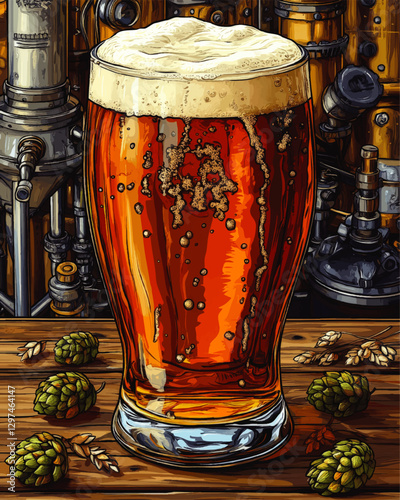 Vibrant Vector of Fresh Craft Beer Pint with Foamy Head in Industrial Brewery Setting Surrounded by Green Hops and Wheat on Wooden Table