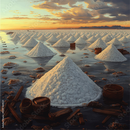 Stunning Vector Art of Salt Flats with Pyramids of Salt and Wooden Baskets at Sunset, Capturing the Vastness and Natural Beauty of Salt Harvesting Landscapes