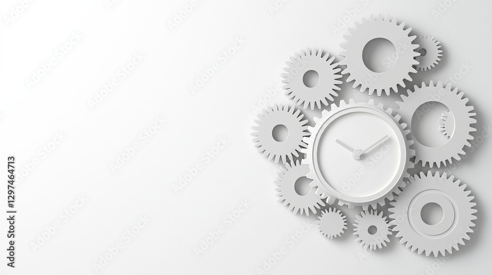 Clock gears arrangement minimalist design graphic art studio space top view time concept