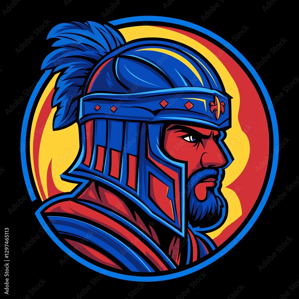 Naklejka premium A vibrant illustration of a warrior in a helmet, symbolizing strength and bravery. The bold colors and detailed design evoke a sense of adventure and historical significance.