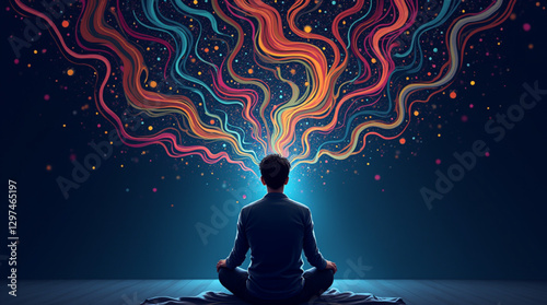 Lost in Thought – Person in a Dark Room Surrounded by Swirling, Chaotic, Colorful Patterns