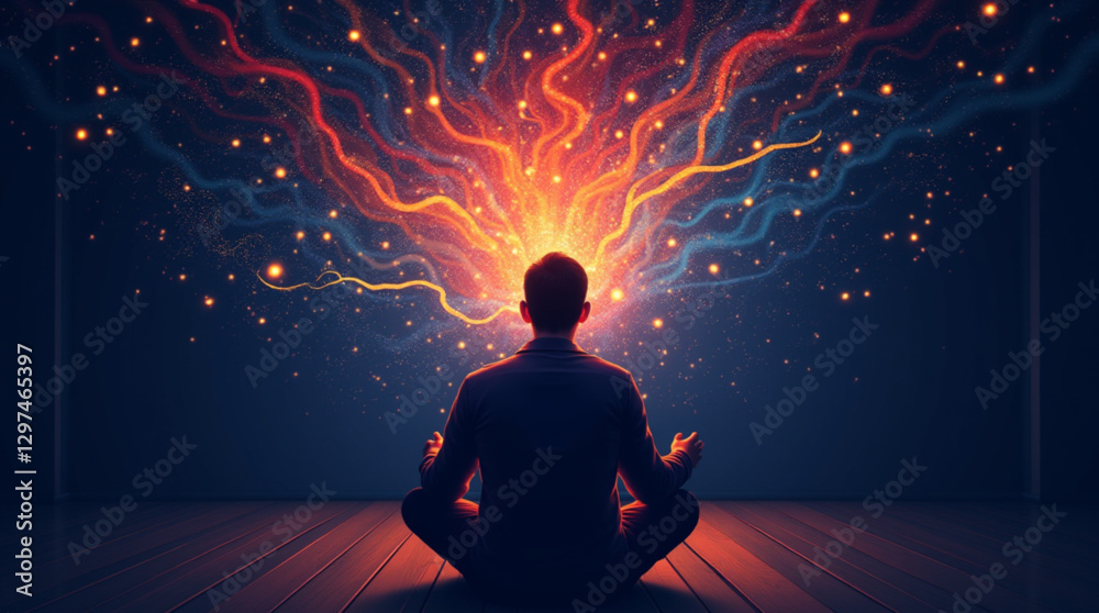 Fototapeta premium Lost in Thought – Person in a Dark Room Surrounded by Swirling, Chaotic, Colorful Patterns