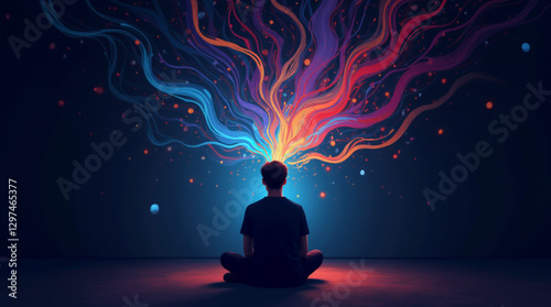 Lost in Thought – Person in a Dark Room Surrounded by Swirling, Chaotic, Colorful Patterns