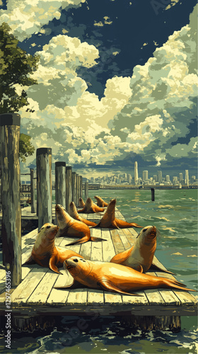 Stunning Vector Art of Sea Lions Basking on Pier with City Skyline and Dramatic Clouds in the Background: Perfect Blend of Urban Landscape and Wildlife