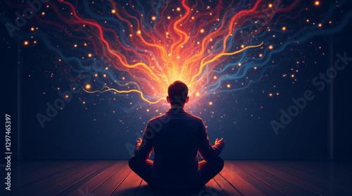 Lost in Thought – Person in a Dark Room Surrounded by Swirling, Chaotic, Colorful Patterns
