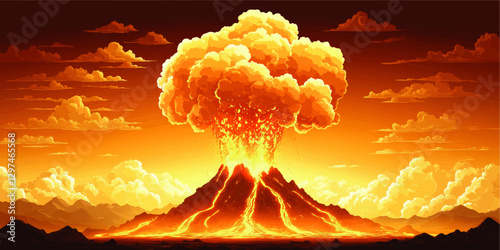 Dramatic Volcanic Eruption Vector Art with Vivid Lava, Blazing Explosion, and Abstract Fiery Clouds in Stunning Landscape at Sunset