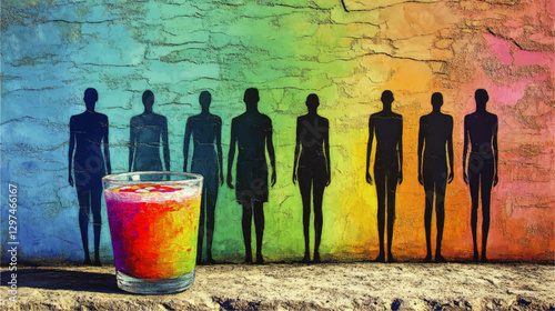 Vibrant Vector Image of Colorful Silhouettes on Rainbow Textured Wall with Multicolored Drink in Glass Unlocking Artistic Expression and Visual Creativity