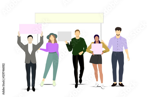  Social protest, demonstration, revolution. People crowd holding blank banners. Marching persons. Vector illustration Not AI generated