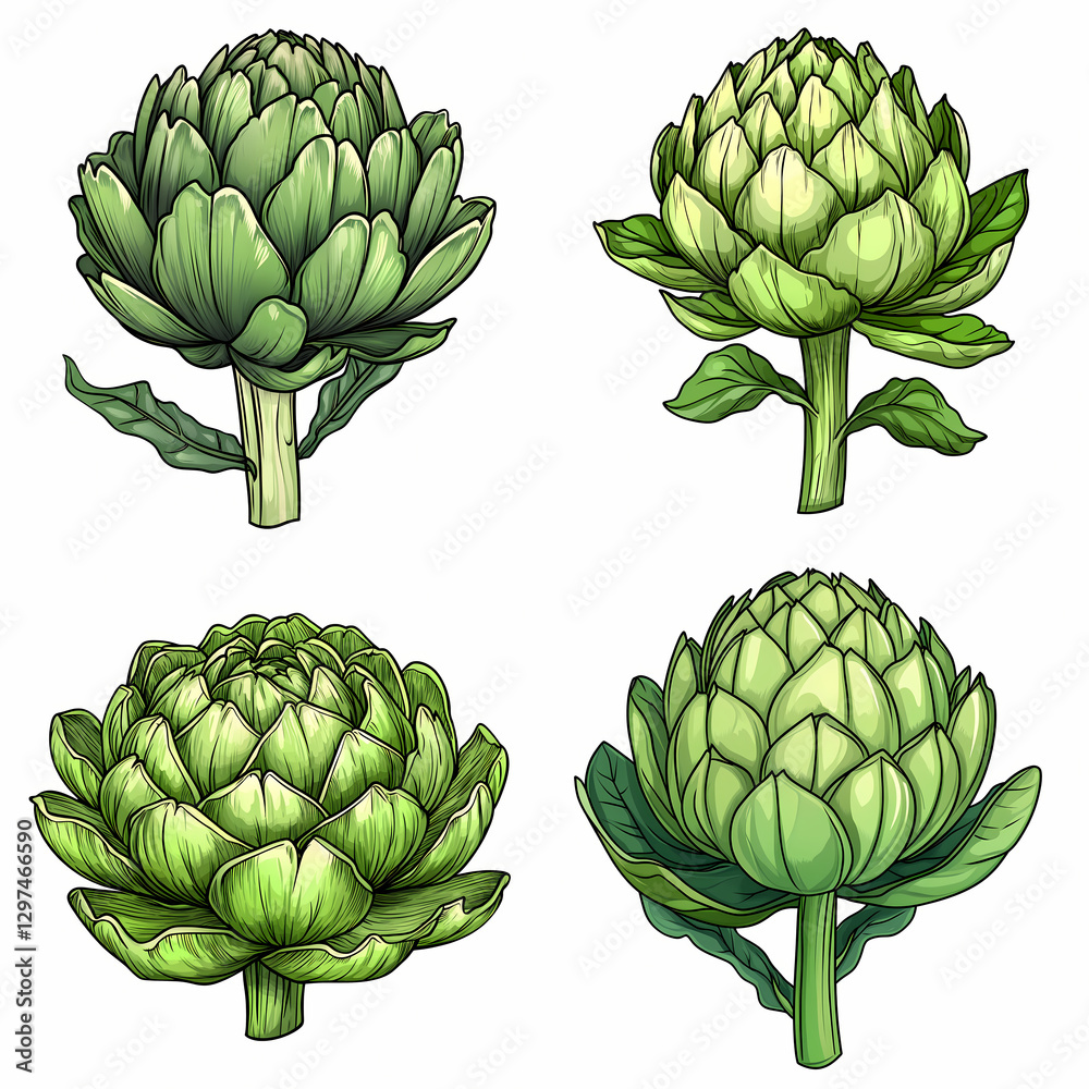 Fototapeta premium Artichokes with layered petals various angles and perspectives, showcasing their green hues and
