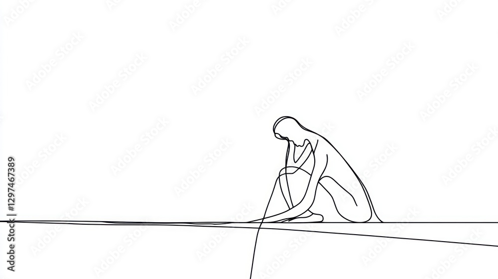 A simple sketch of an adult sitting on the edge of a cliff, looking down with his head tilted back in stress, searching for ideas and sadness A simple sketch of an adult sitting on the edge of a cliff, looking down with his head tilted back in stress, searching for ideas and sadness