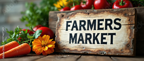 Vibrant farmers market sign with fresh produce on display