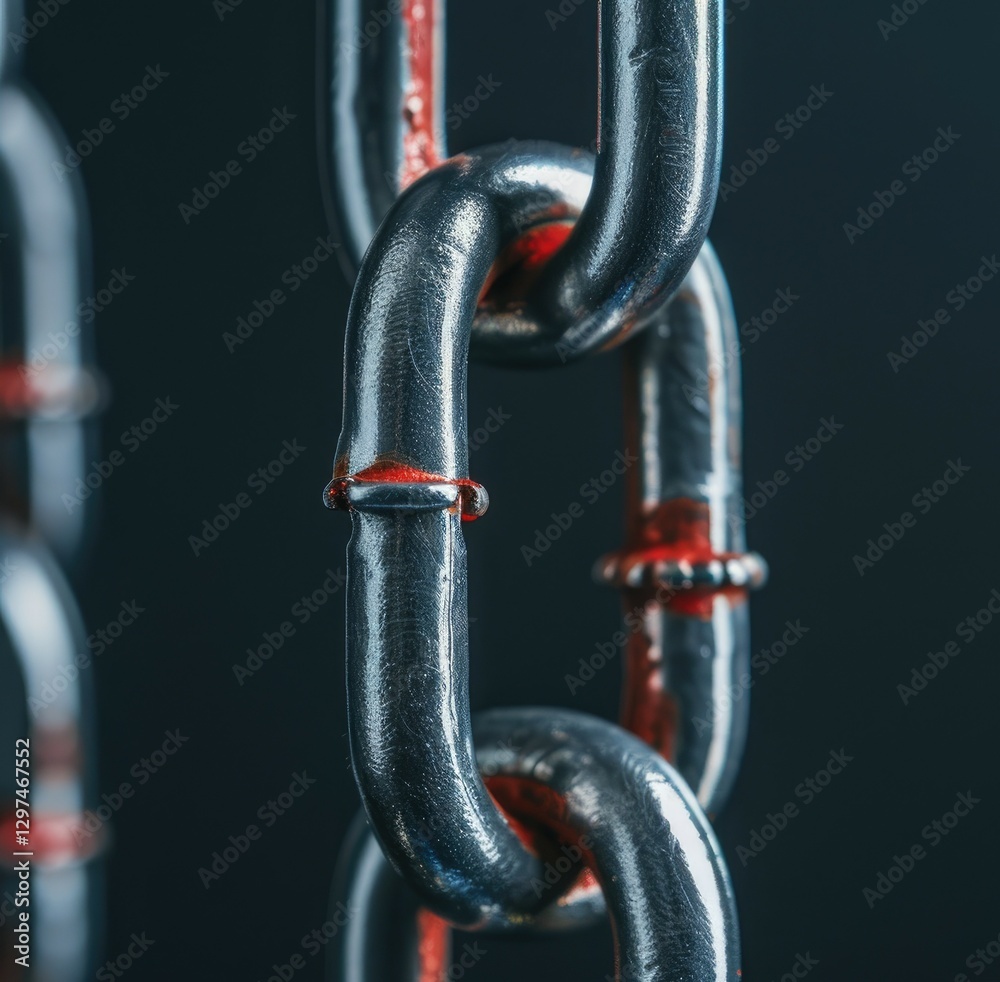 Close up view of a metallic chain links with red accents showing intricate details and texture Industrial strength chain durable metal links Close up view of a metallic chain links with red accents showing intricate details and texture Industrial strength chain durable metal links
