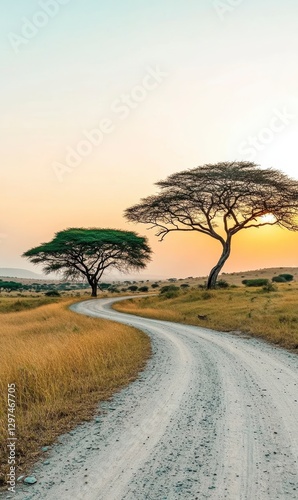 Serene Landscape with Curved Road and Acacia Trees at Sunset
