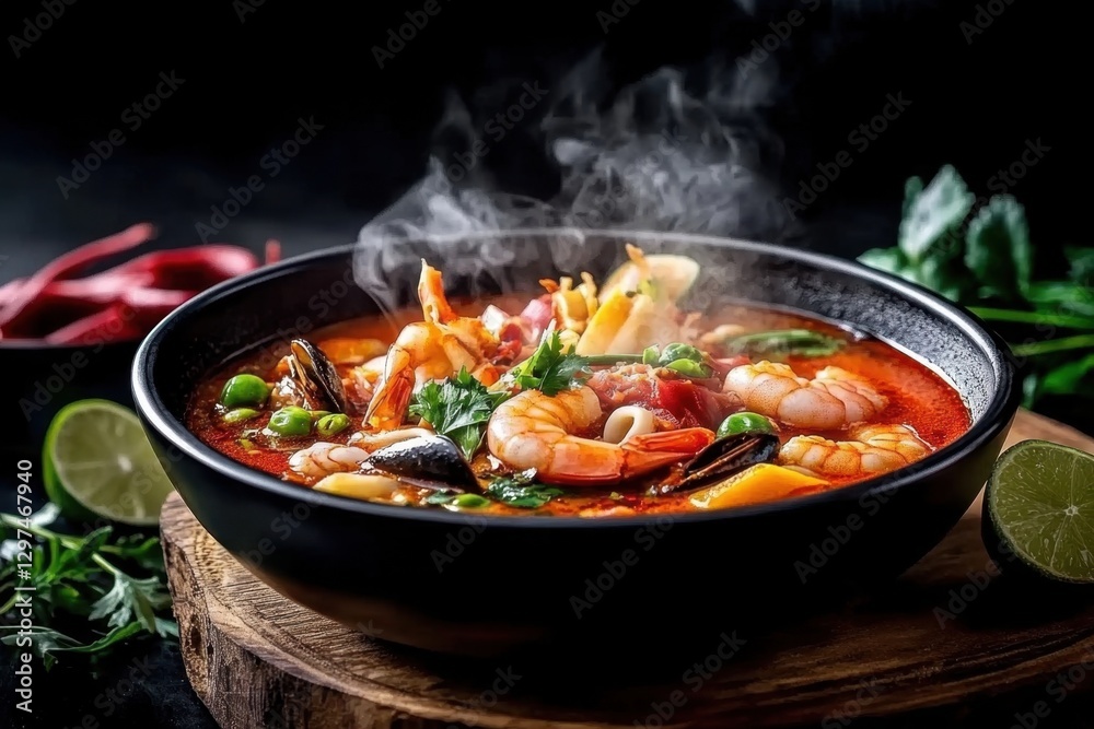 Aromatic Tom Yum Soup Featuring Prawns, Vegetables, and Spices, Accompanied by Lime and Herbs on a Rustic Wooden Table
Aromatic Tom Yum Soup Featuring Prawns, Vegetables, and Spices, Accompanied by Lime and Herbs on a Rustic Wooden Table