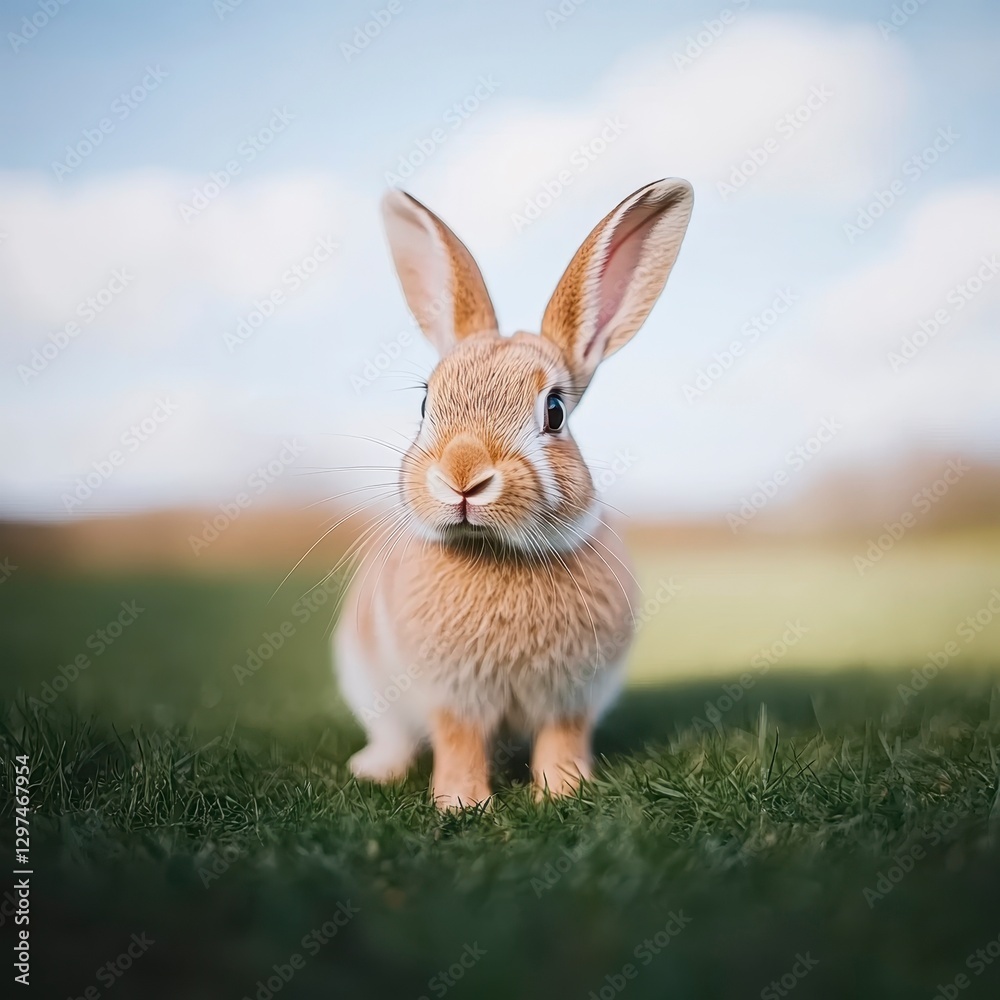 Cute fluffy rabbit sitting in a green field under a blue sky