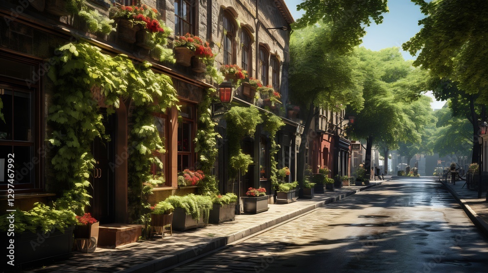 Sun-drenched cobblestone street for lush European city. Sun-drenched cobblestone street for lush European city.