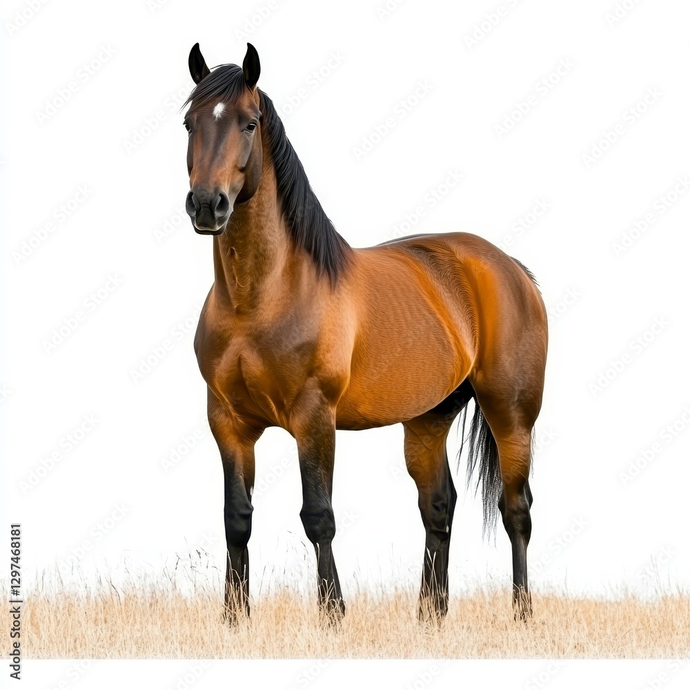 Powerful Brown Horse Standing Gracefully on Dry Grass Field Powerful Brown Horse Standing Gracefully on Dry Grass Field