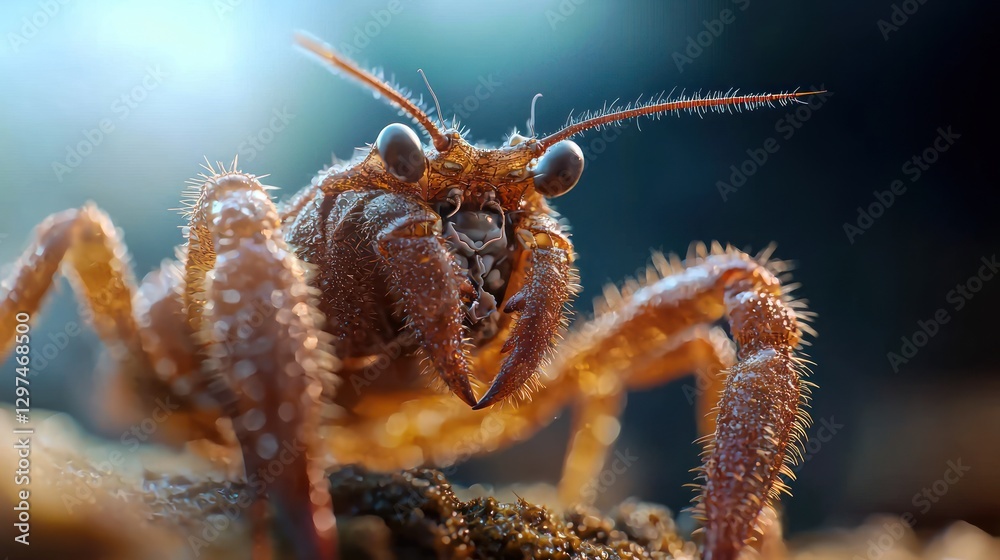 Fototapeta premium Close-up of a hermit crab on a sandy beach with a blurred ocean background at sunset