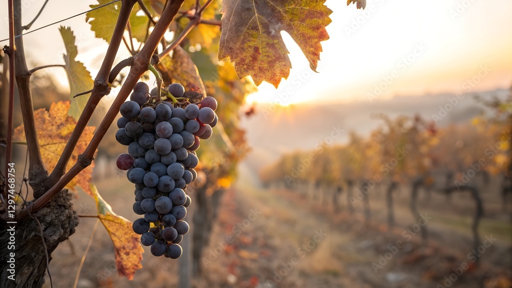 Fototapeta premium Autumn Sunset over Vineyard with Ripe Red Grapes Hanging from Vine