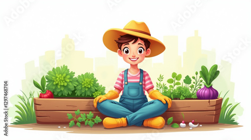 Cheerful Cartoon Gardener with Vegetables – Urban Agriculture and Sustainable Living