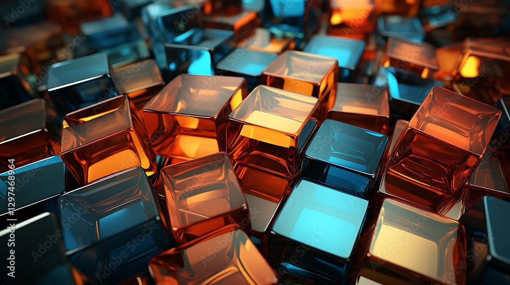Abstract Composition of Glass Cubes: A Symphony of Blue and Orange Hues Abstract Composition of Glass Cubes: A Symphony of Blue and Orange Hues