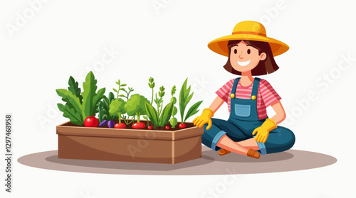 Cheerful Cartoon Gardener with Vegetables – Urban Agriculture and Sustainable Living