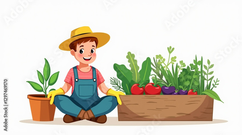 Cheerful Cartoon Gardener with Vegetables – Urban Agriculture and Sustainable Living