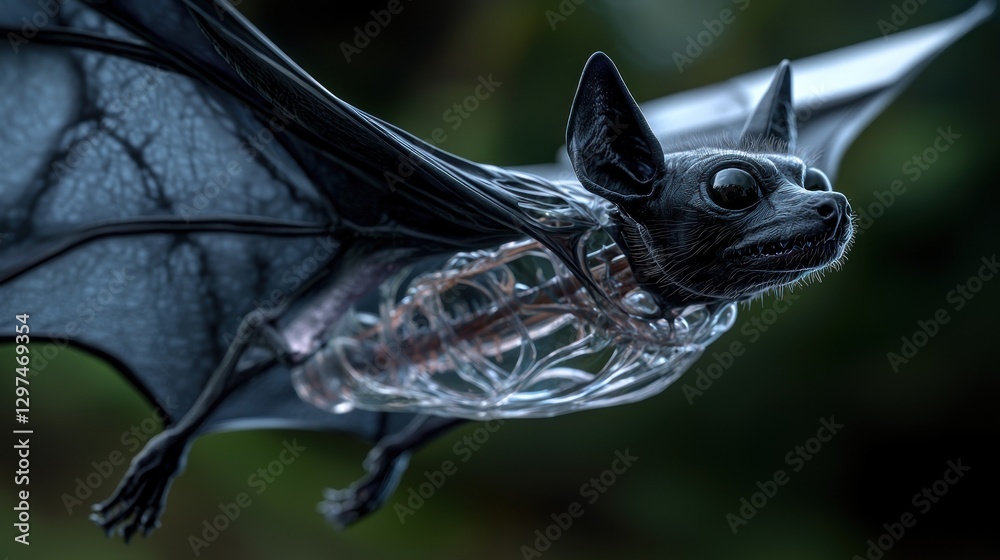 A detailed view of a flying bat with visible skeletal structure against a blurred natural backdrop A detailed view of a flying bat with visible skeletal structure against a blurred natural backdrop