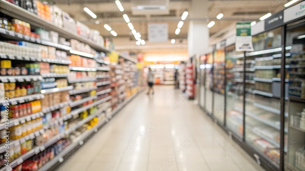 Blurred Image of Grocery Store Aisles with Shelves Stocked with Products and a Customer Walking Blurred Image of Grocery Store Aisles with Shelves Stocked with Products and a Customer Walking
