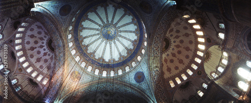 Panoramic interiors of a mosque, Blue Mosque, Istanbul, Turkey.
