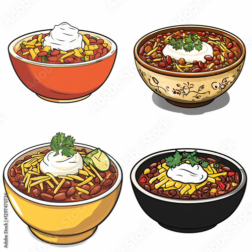 Colorful bowls of chili topped with sour cream and garnished with herbs