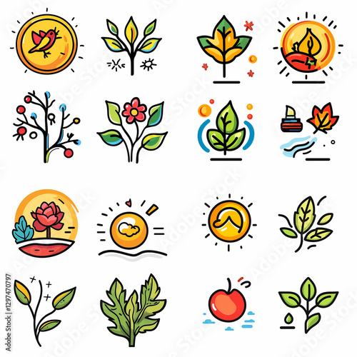 Colorful icons representing seasons and nature, including leaves, flowers, and sun