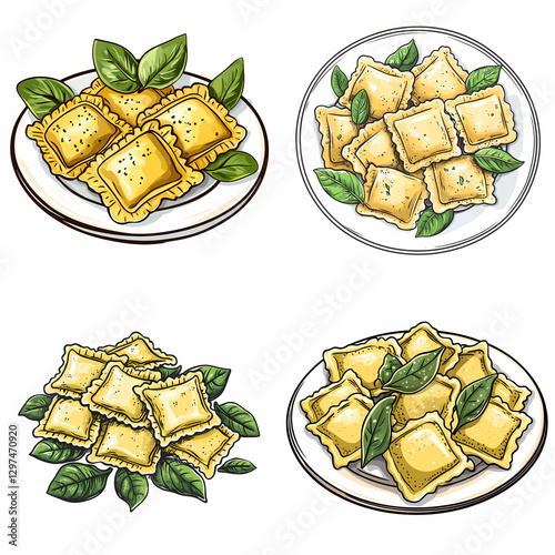 Fresh ravioli pasta with spinach and ricotta filling on plates