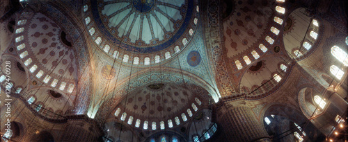 Panoramic interiors of a mosque, Blue Mosque, Istanbul, Turkey.