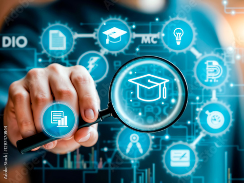 manos suejetando lupa en una pantalla digital, concepto de educacion