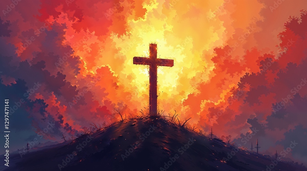 Obraz premium Abstract Religious Art: Cross Silhouette and Fiery Sky in Expressionist Style