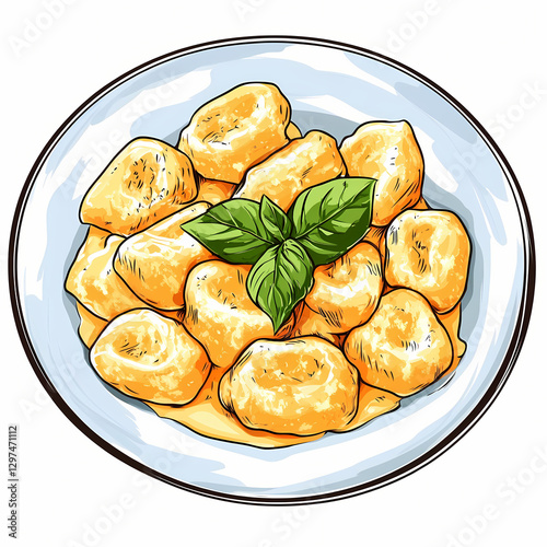 Creamy gnocchi pasta with cheese sauce and fresh basil garnish